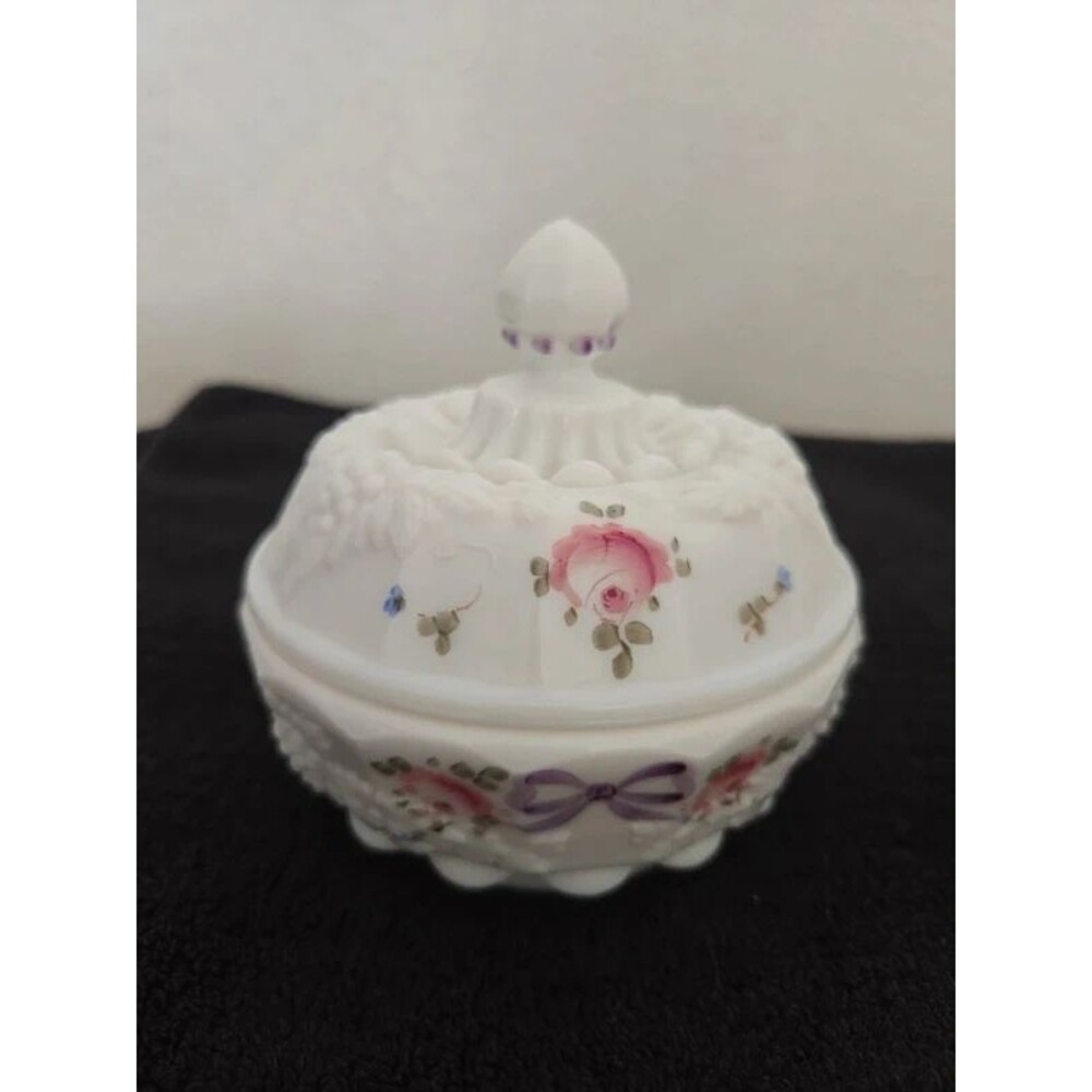 Westmoreland Milk Glass Paneled Grape Hand Painted Candy Dish Vanity Powder Box